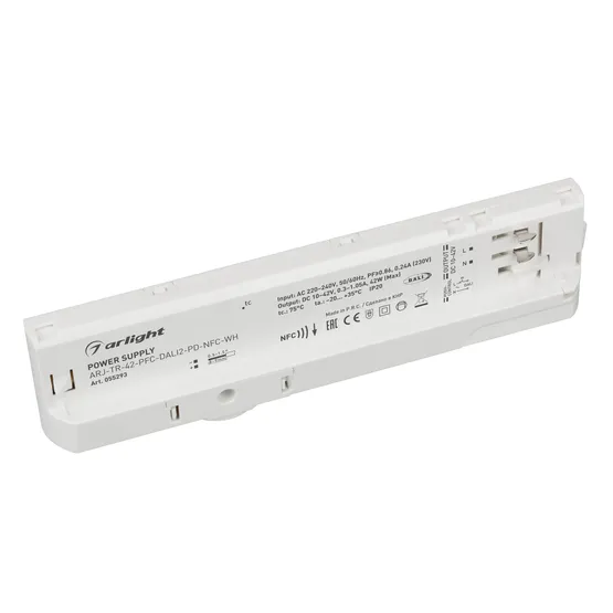 Фото товара Блок питания для трековых систем ARJ-TR-42-PFC-DALI2-PD-NFC-WH (42W, 10-42V, 0.3-1.05 A, 4TR) (Arlight, IP20 Пластик, 5 лет)