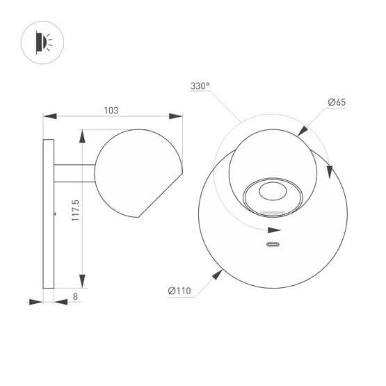 Фото #2 товара Светильник SP-OTTORI-WALL-CHARGE-6W Warm3000 (BK, 30 deg, 230V, USB-C) (Arlight, IP20 Металл, 3 года)