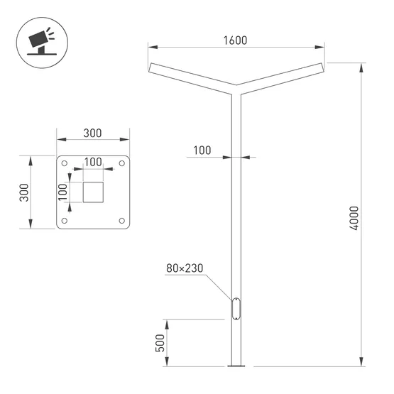 Фото #2 товара Опора OXOR-STER-Y-2000x100x100-L4000-50W Warm3000 (BK, 230V) IP65 (Arlight, Сталь)