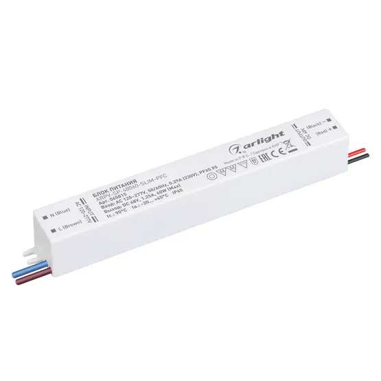 Фото товара Блок питания ARPV-SP-48060-SLIM-PFC (48V, 1.25A, 60W) (Arlight, IP65 Пластик, 5 лет)